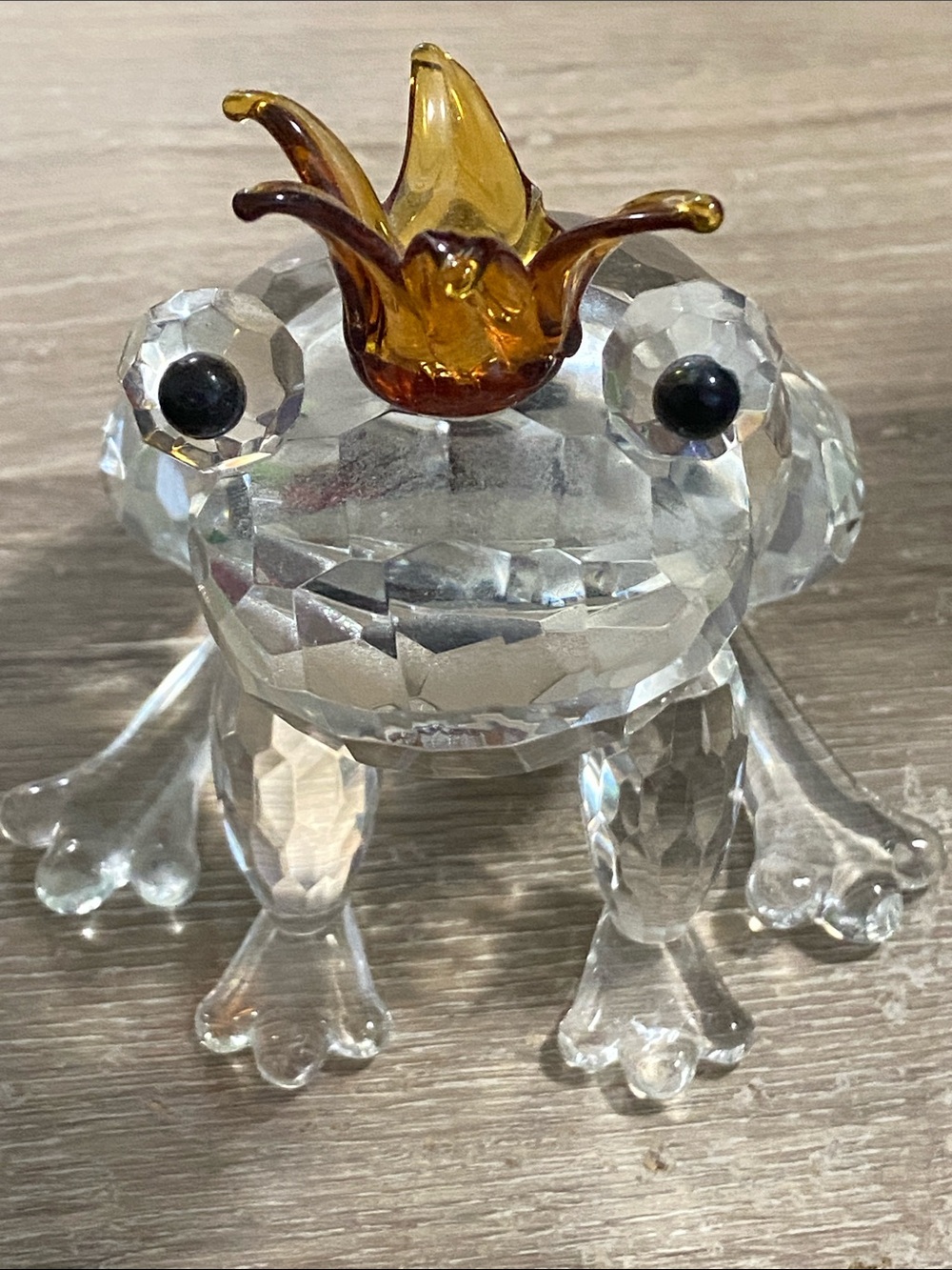 Vintage Crystal Frog Figurine with Amber Crown